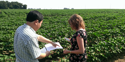 Graduate student working with researcher at AgResearch and Education Center
