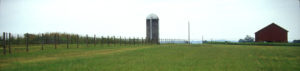 Farm scene of red barn and silo