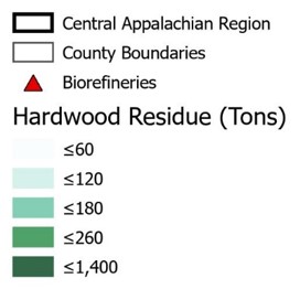 Legend for map of locations of three biorefineries located in Central Appalachia area.