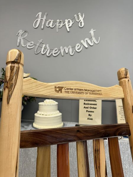 Engraving on rocking chair for Alan Galloway - Center of Farm Management, The University of Tennessee